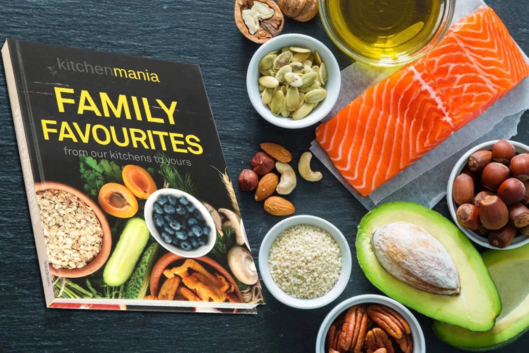 "Family favourites" recipe book on a table with ingredients