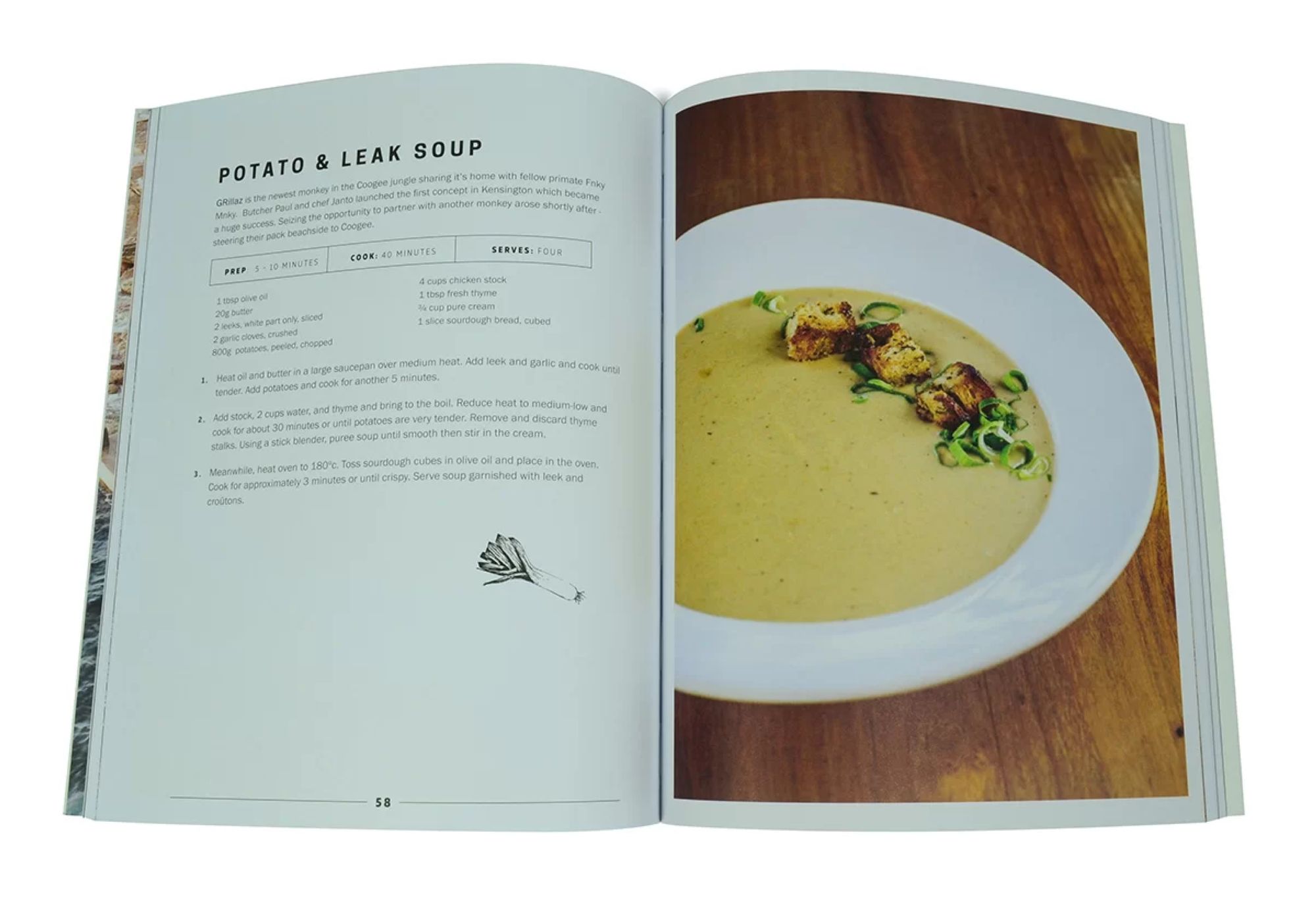 Recipe book open on a Potato & Leak Soup recipe